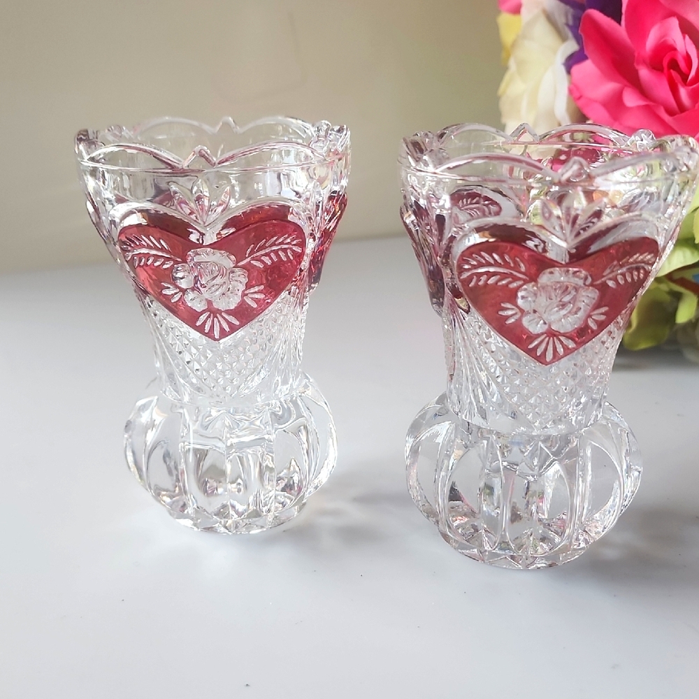 Set Of 2 Hofbauer Byrdes, Ruby Red Elegant Crystal Heart Vases. Made In Germany.
